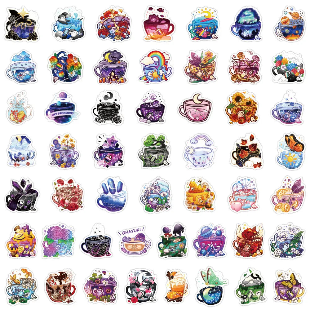 Pack of 50 colourful tea cup graffiti waterproof vinyl stickers in Nordic style for luggage and scooters.