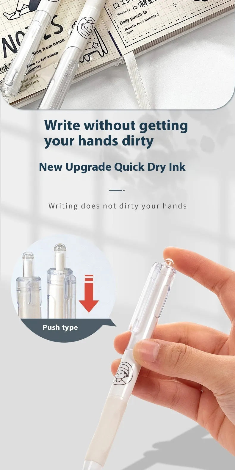 Five white Taco ballpoint pens with 0.5mm black ink refills