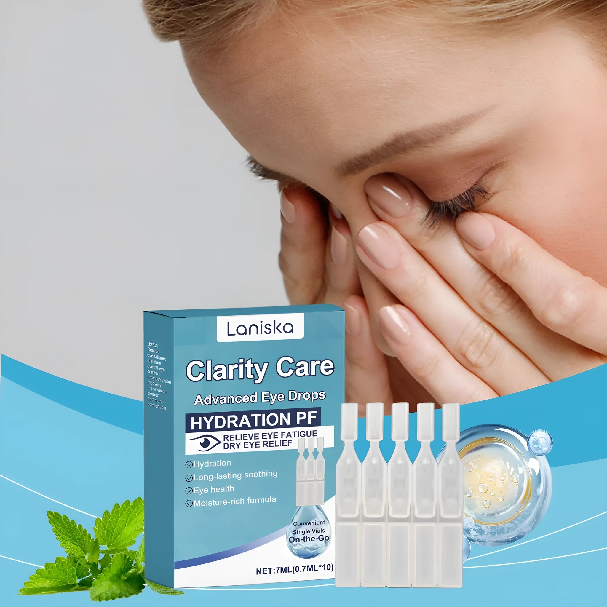 Moisturizing eye drops with mint leaf and sodium hyaluronate in a clear bottle