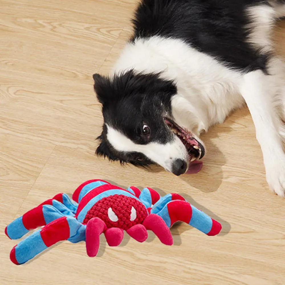 Red bite-resistant plush teddy dog toy with squeaker for tooth cleaning suitable for medium and large dogs