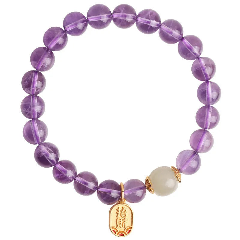 Simple amethyst bracelet with 8mm round crystal beads in geometric national style for women