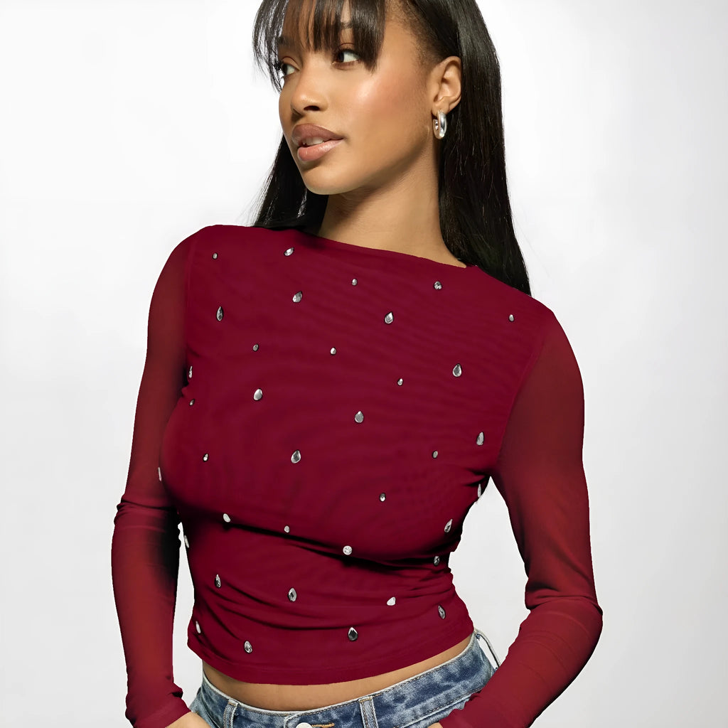 Women's wine red double-layer mesh rhinestone long sleeve pullover top side view