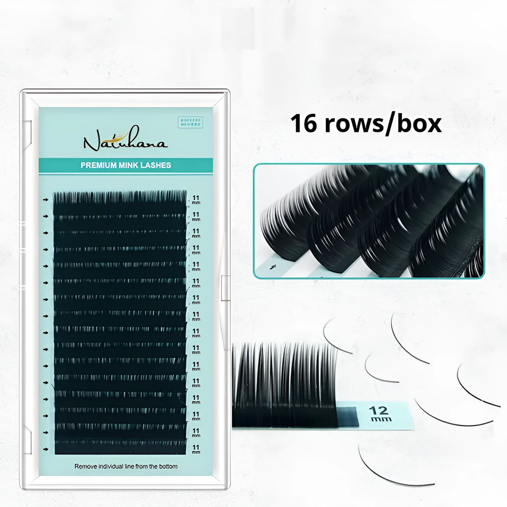 Artificial fibre false eyelashes with soft velvet finish showing density and length options