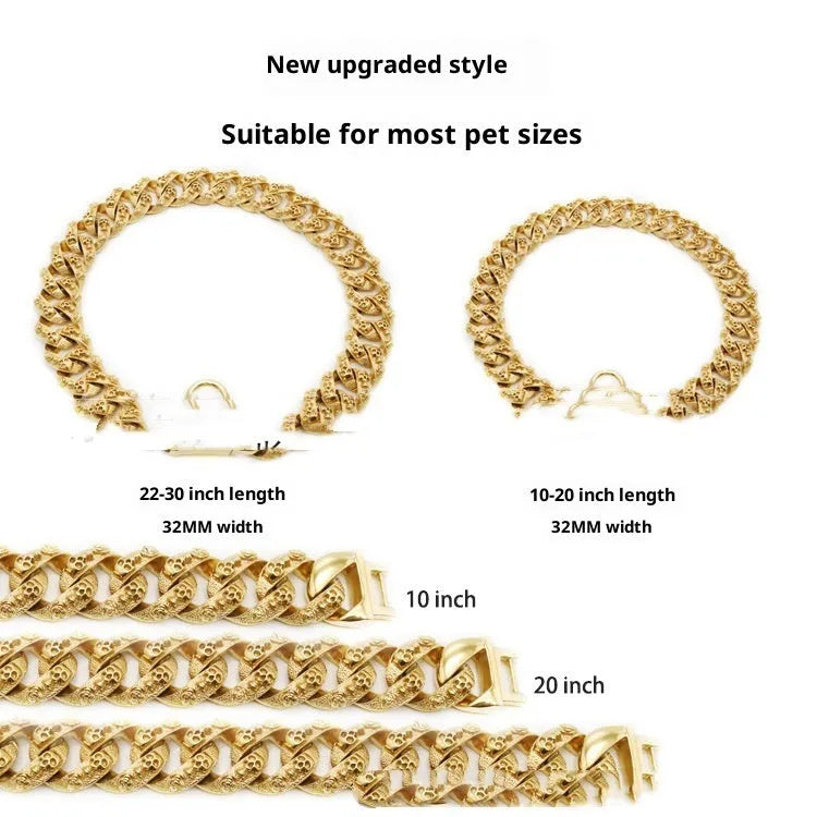 Stainless steel skull dog collar necklace in gold finish with 32mm width and chain links
