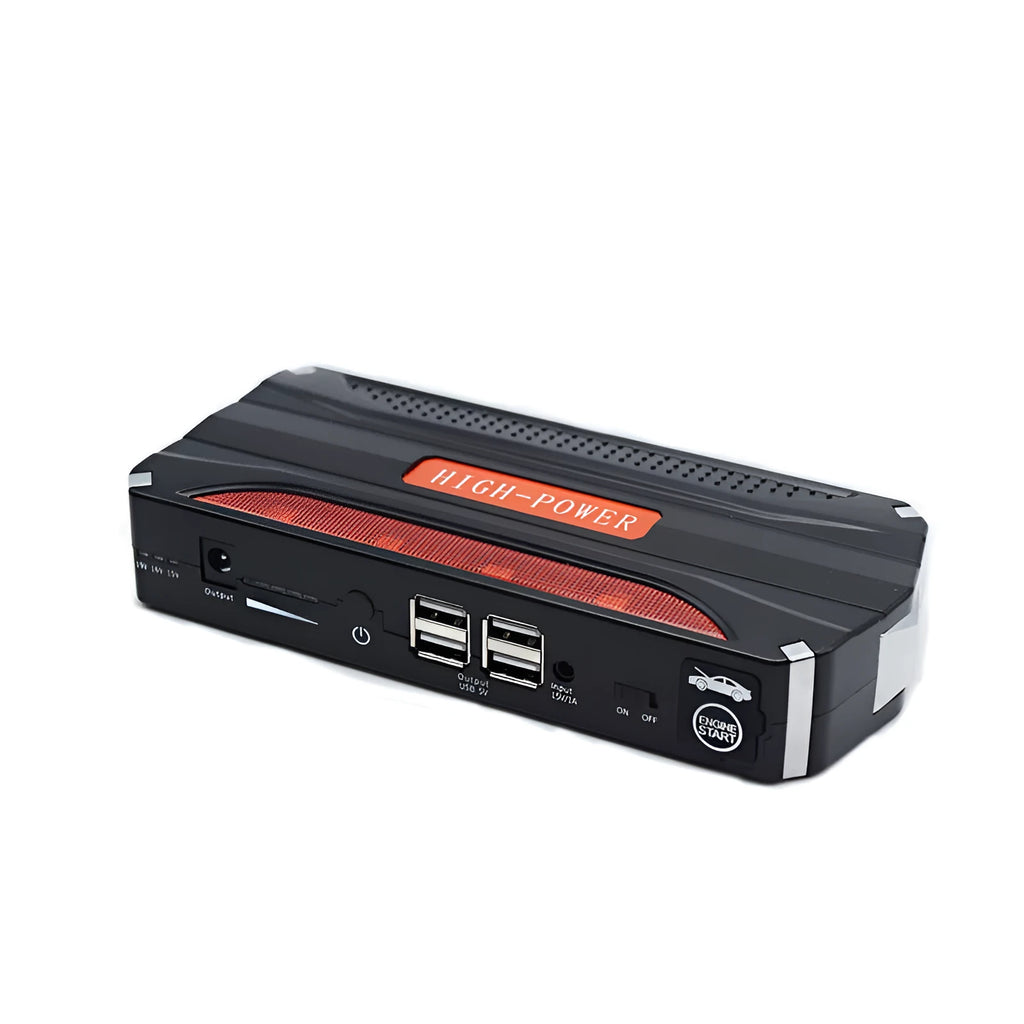 Black and red 12V vehicle emergency jump starter with 7800mAh battery capacity.