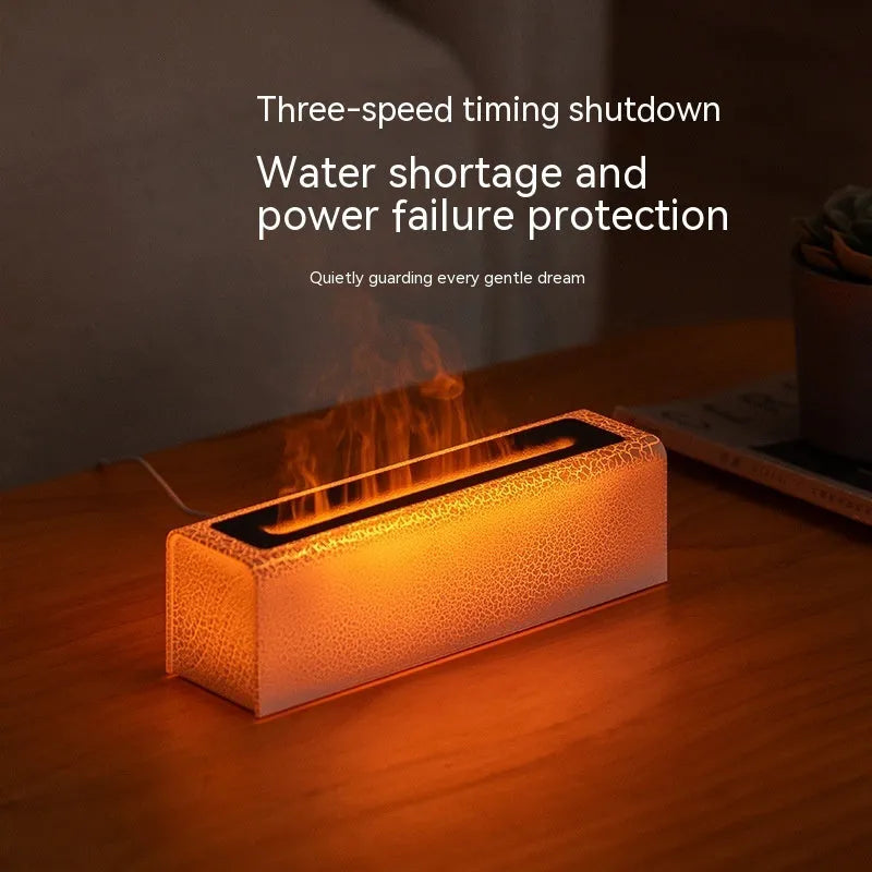 Creative square lava flame aroma diffuser and humidifier on a desktop with colourful LED light effect.