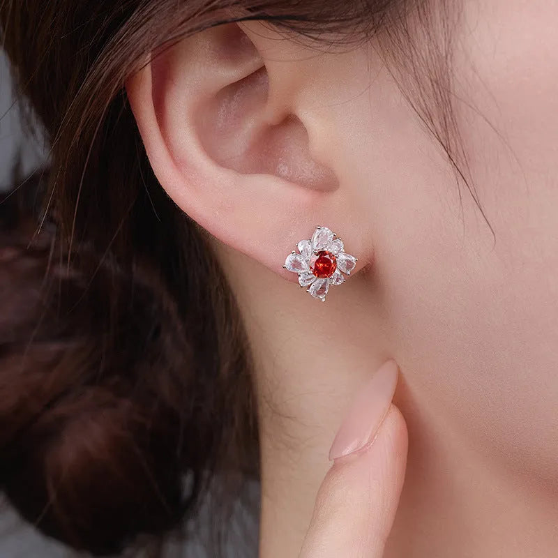 925 silver retro geometric red earrings with electroplated white gold finish and diamond temperament accent