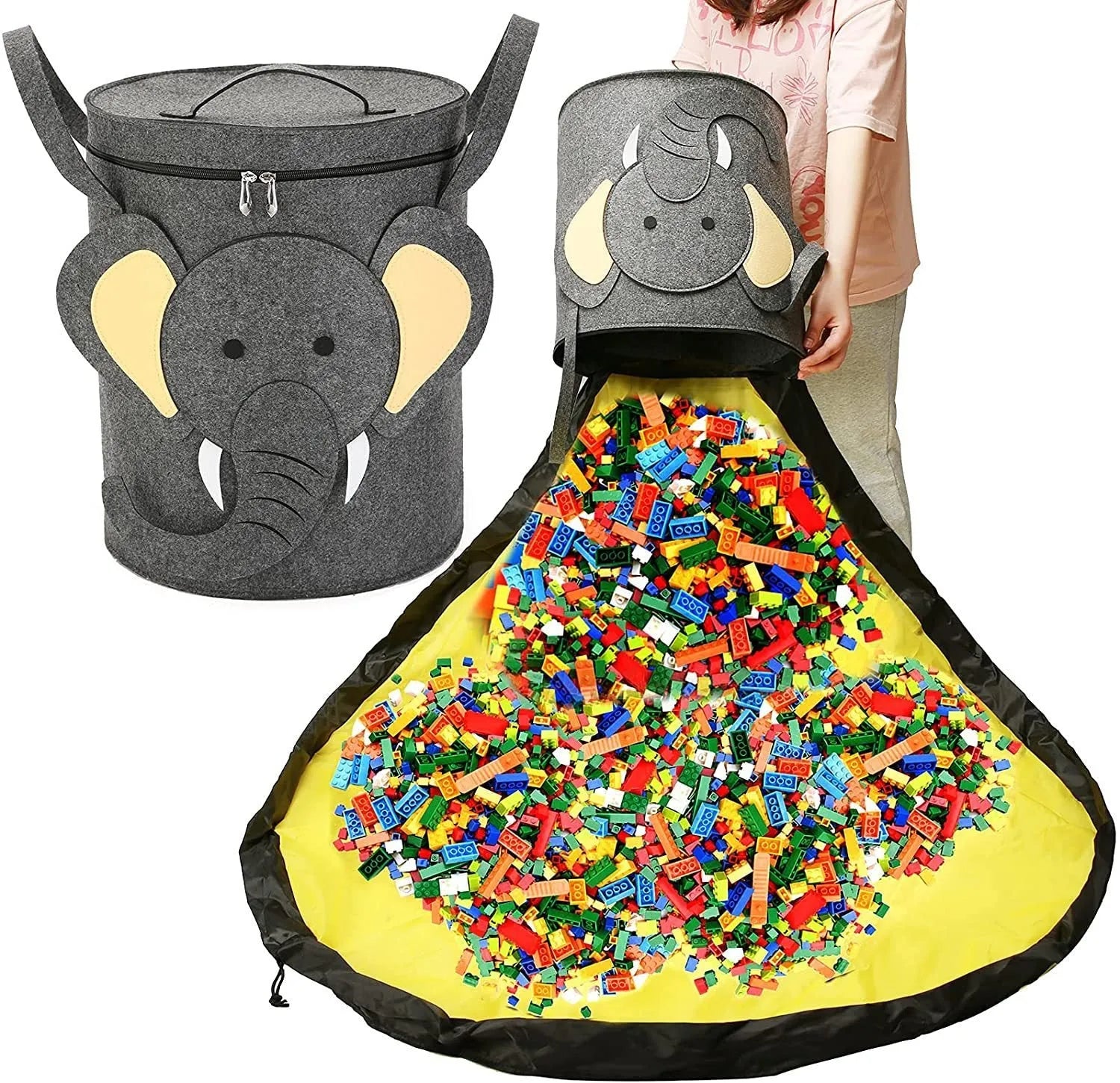 Green felt cube storage bag with pull rope, unfolded flat as a large rectangular play mat.