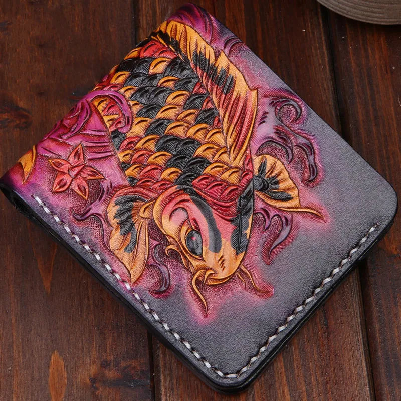 Men's cow leather carving wallet with open closure in red, blue, or gold colours showing texture detail