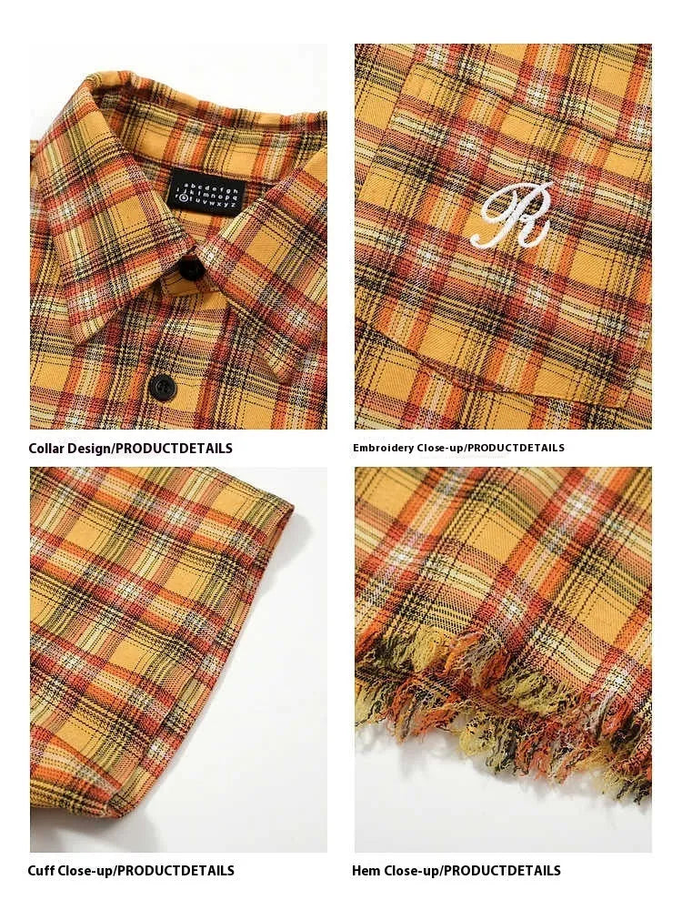 Yellow check patterned short sleeve plaid shirt with embroidered chest pocket detail