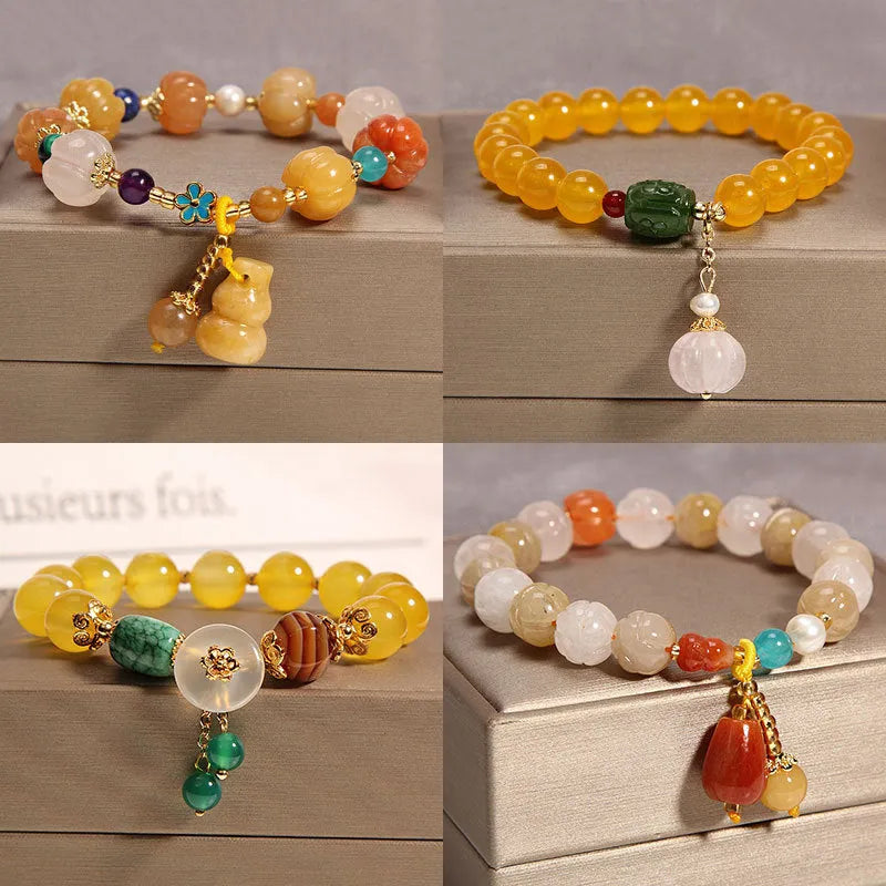 Yellow agate and crystal women's bracelet on gold silk cord with adjustable design