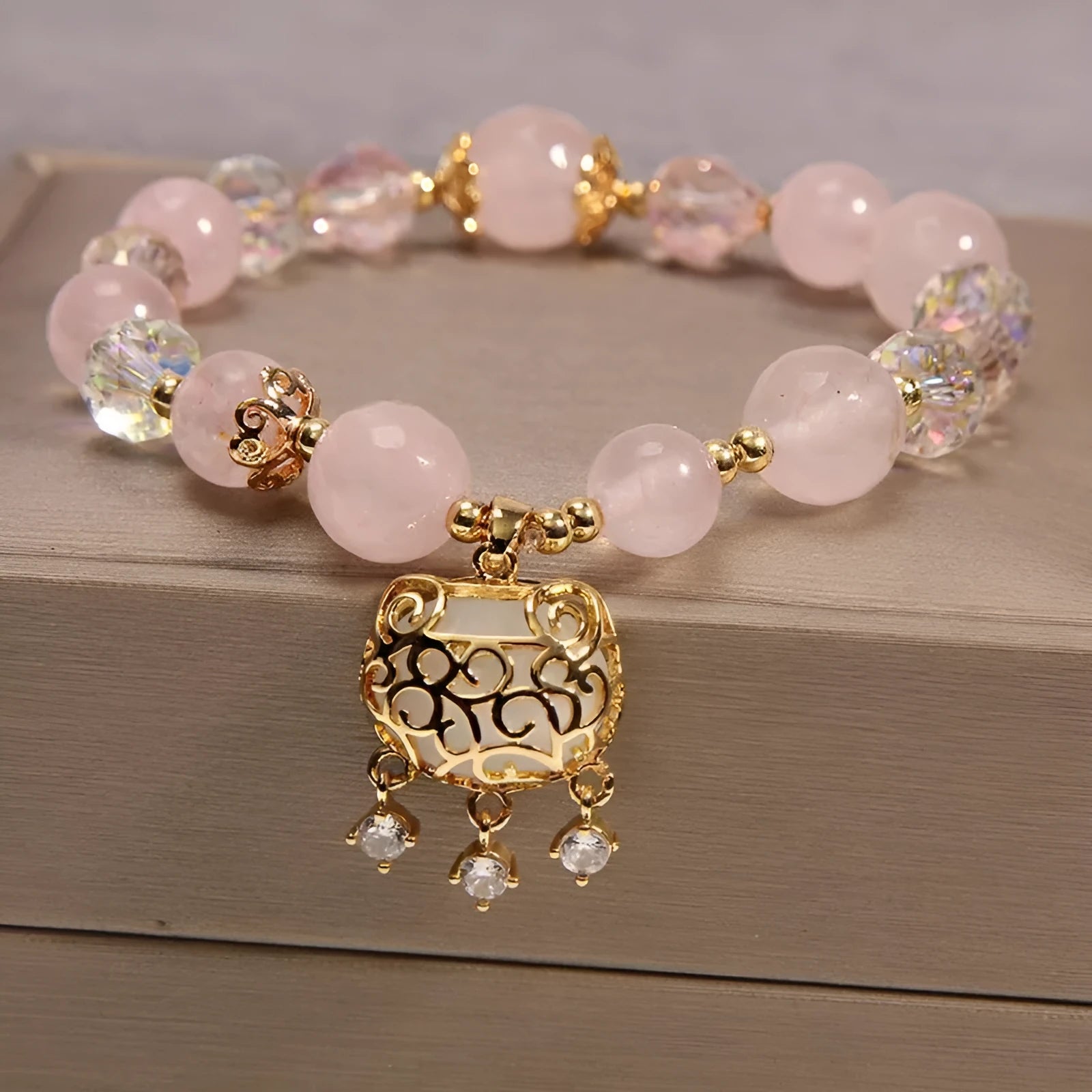 Yellow agate and crystal women's bracelet on gold silk cord with adjustable design