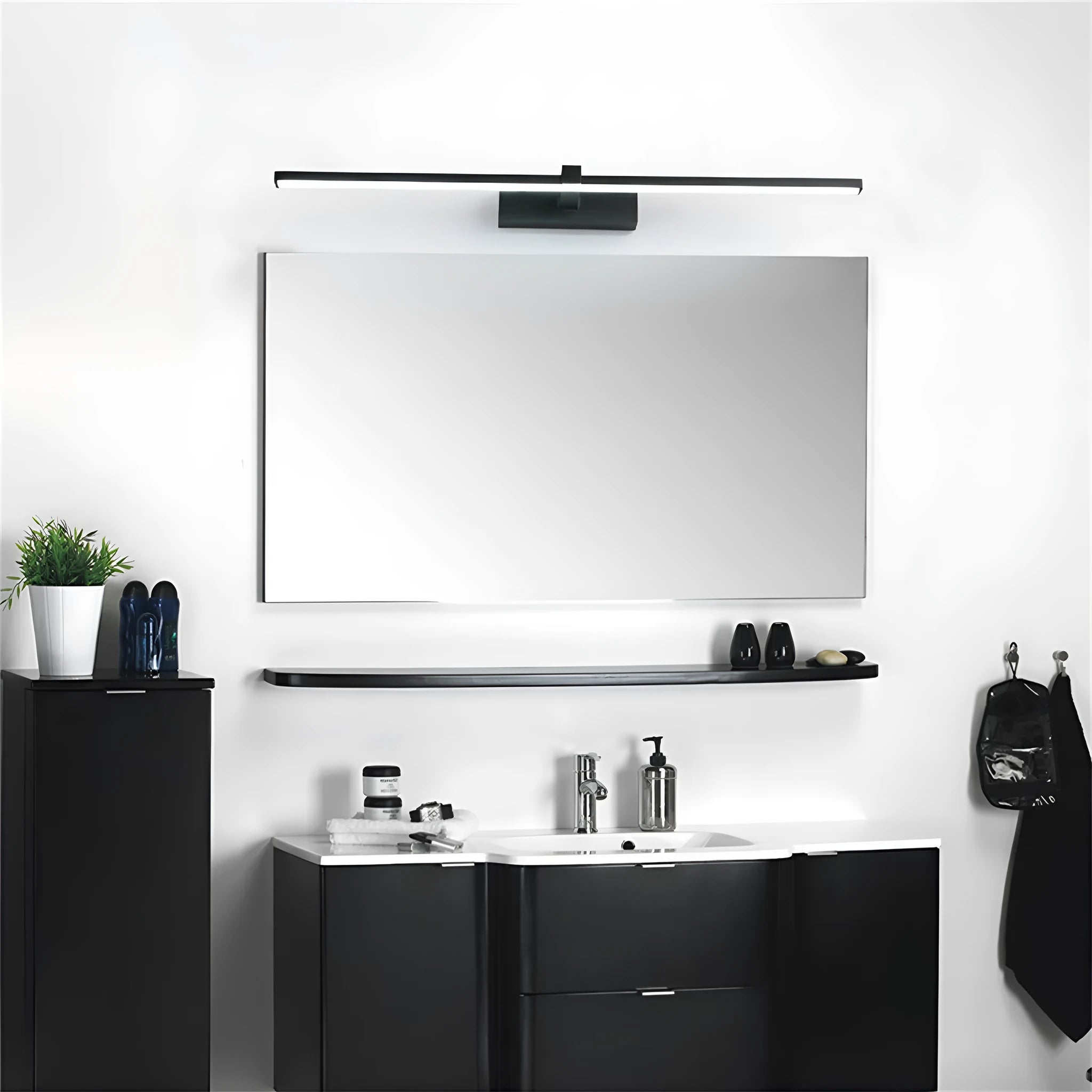 Black 40x8cm LED bathroom wall makeup lamp with warm light above a mirror