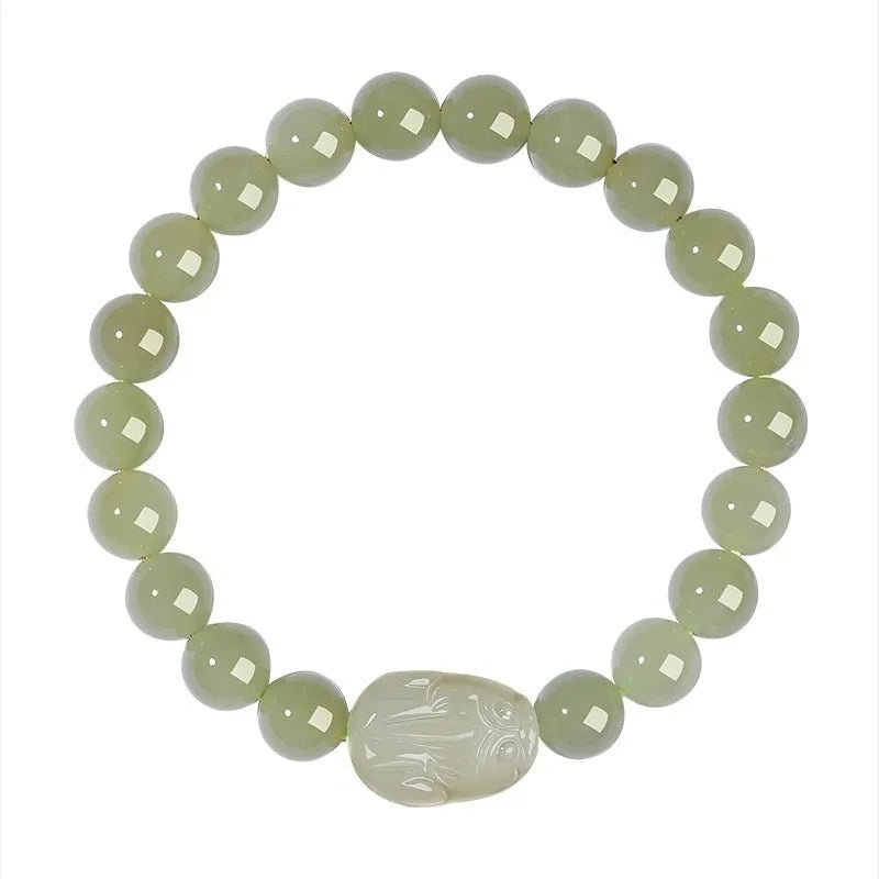 Women's Hetian jade leather bracelet with polished beads, 8mm size, national style design