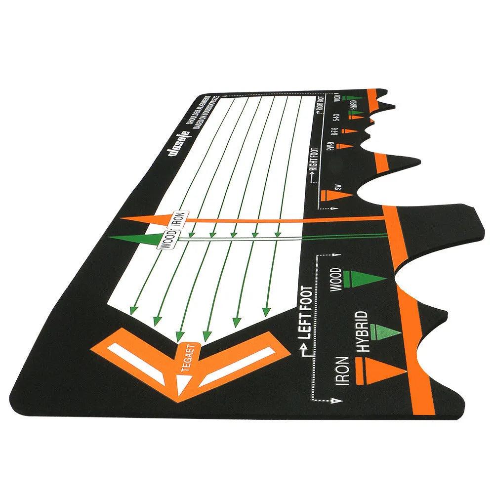Black neoprene golf swing stance correction mat with alignment markings for practice
