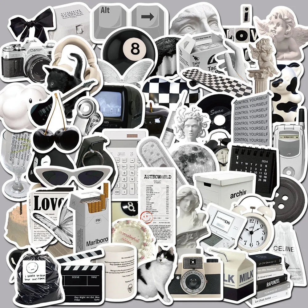61 black and white PVC waterproof stickers on a sheet for laptops, phones and luggage