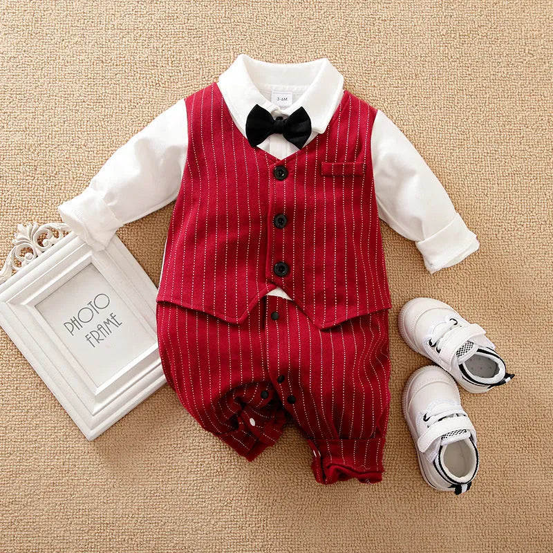 Wine red cotton baby boy romper with long sleeves and single-breasted front.