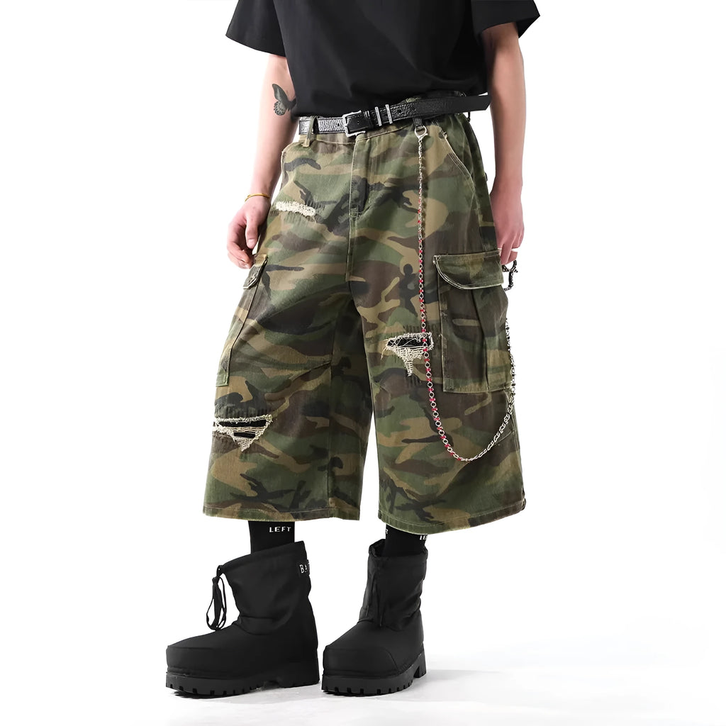 Retro camouflage cotton denim cropped trousers for men, mid-waist straight leg
