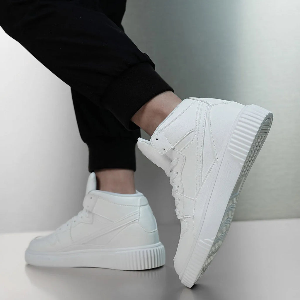Men's white round toe casual sneakers with a microfiber upper on a grey background.
