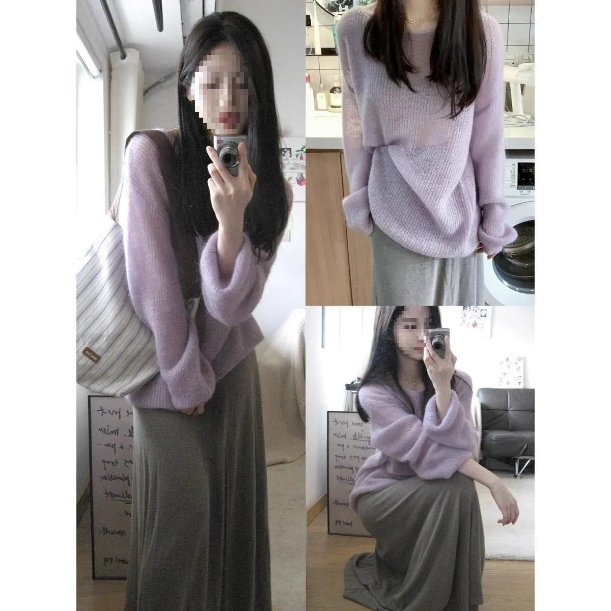 Purple women's ice silk blouse with hollow out pattern and princess sleeves