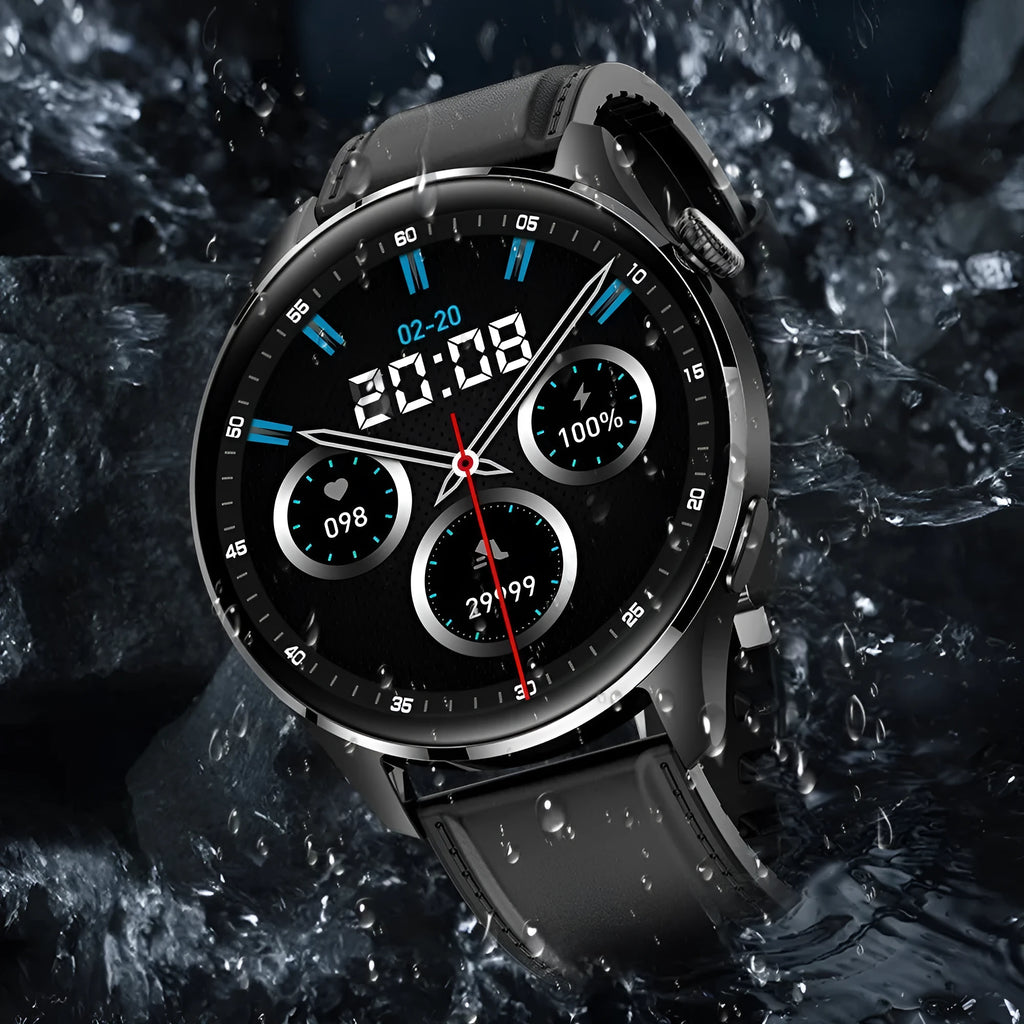 Smartwatch with round colour screen and black silicone strap showing Bluetooth calling interface.