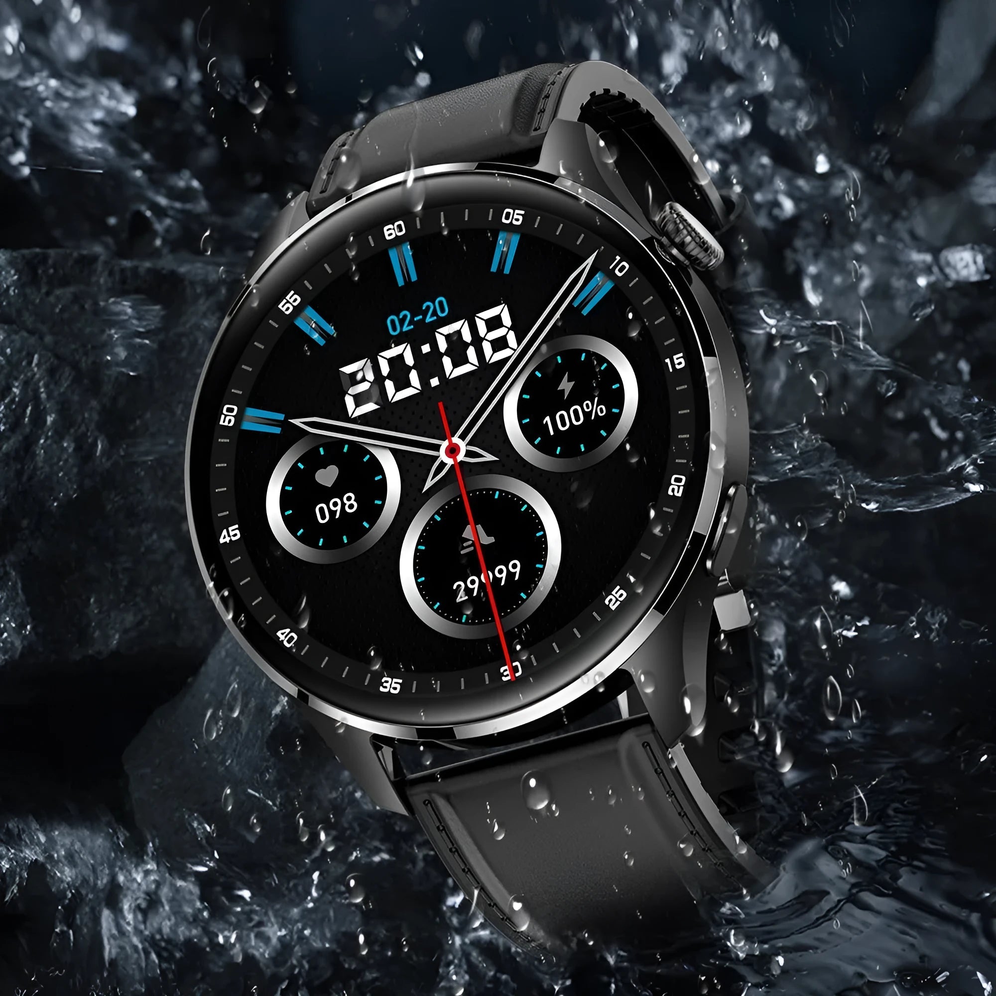 Smartwatch with round colour screen and black silicone strap showing Bluetooth calling interface.