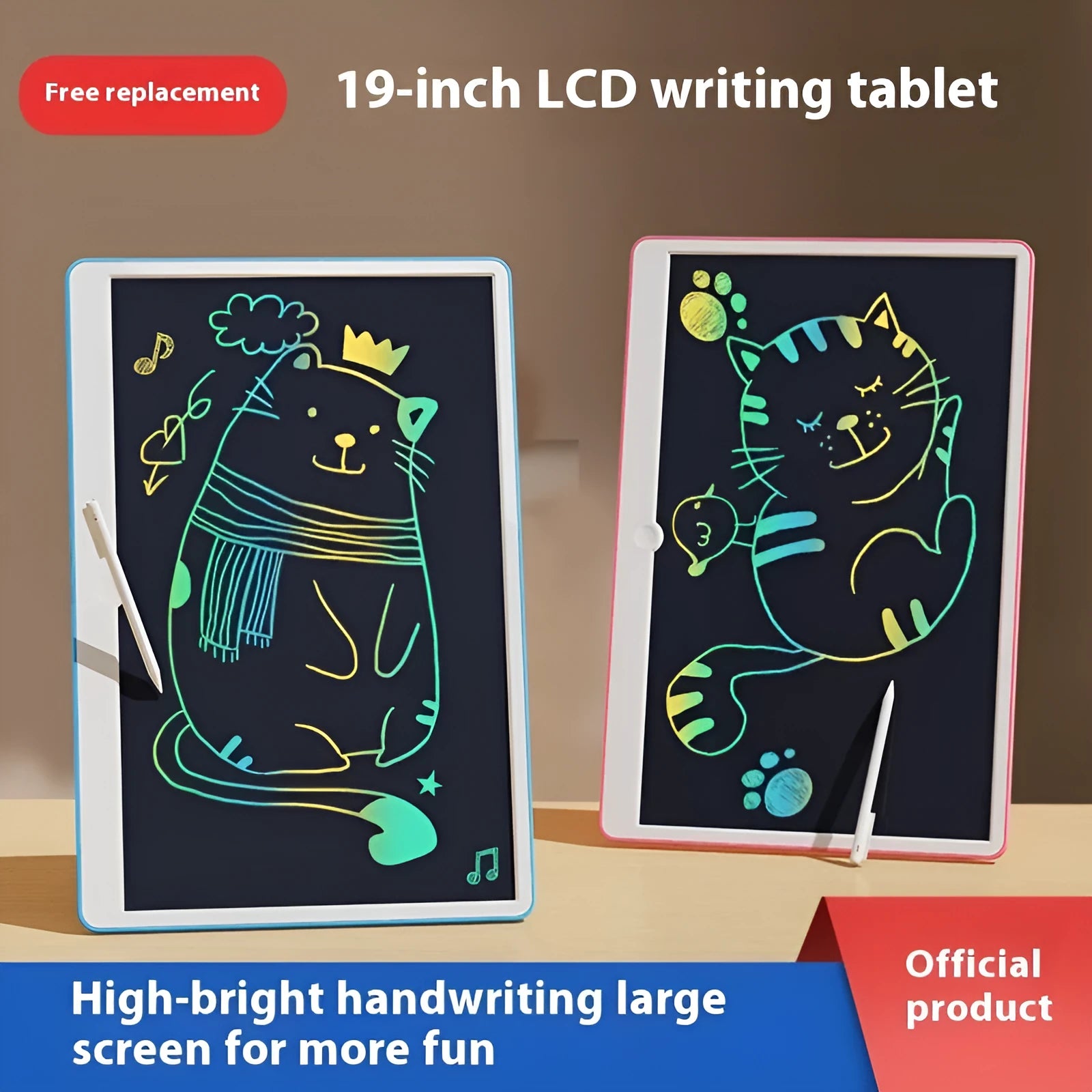 19-inch blue and white rechargeable LCD drawing board for children with stylus.