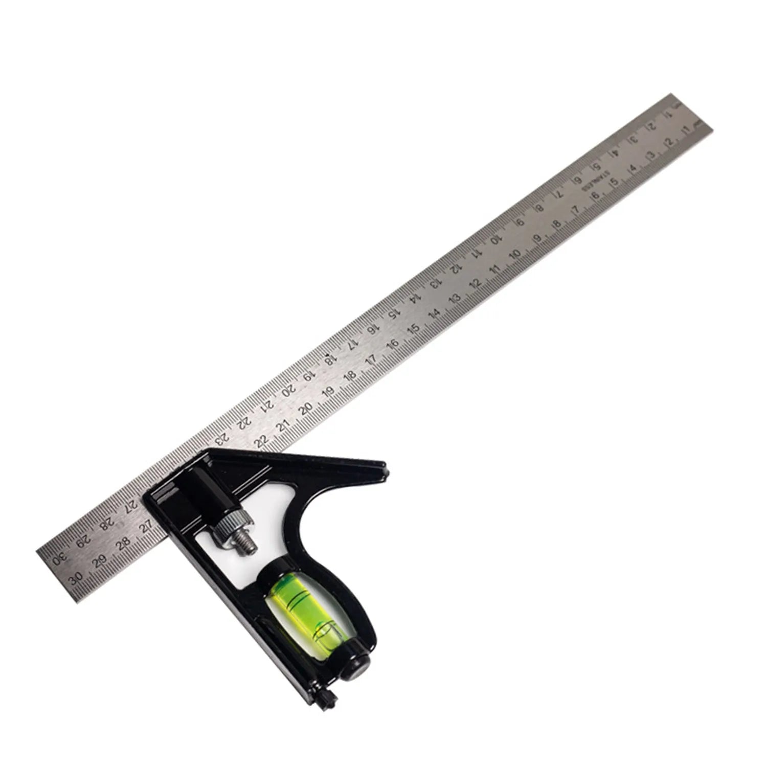 Red metal combination angle ruler with 7-inch length showing English and metric measurement scales