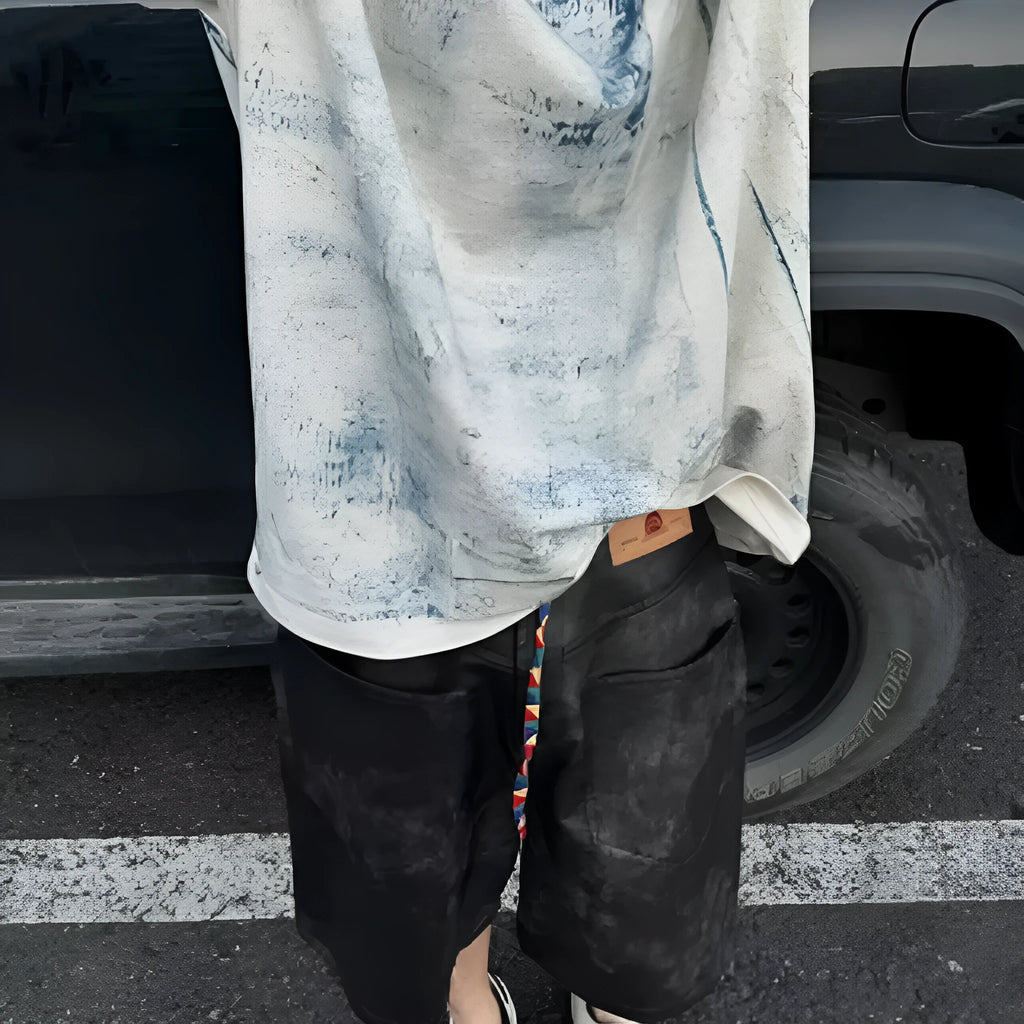 Korean style loose fit round neck T-shirt with short sleeves and a head cover detail.