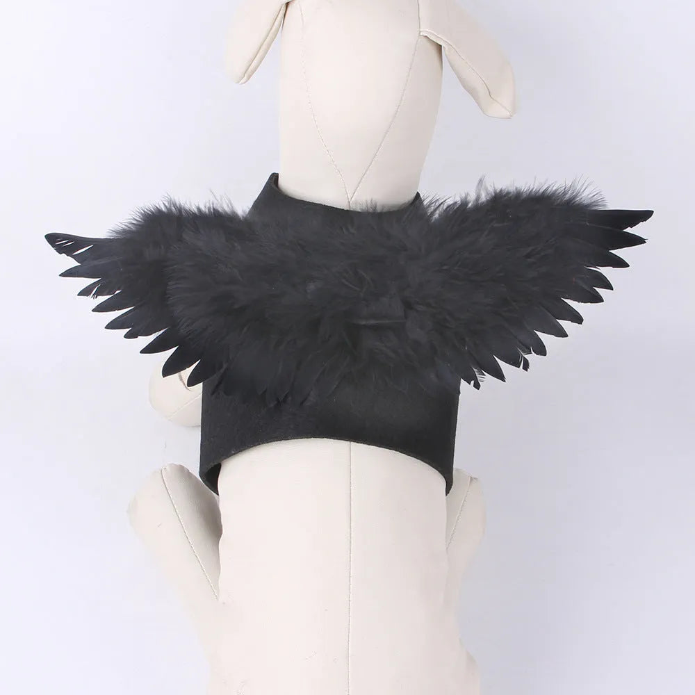 Halloween angel wings pet costume on a dog, chest-back felt cloth design, available in black or white, sizes S M L