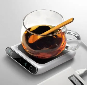 Black USB mini cup warmer with three-speed constant temperature controls on a desk, 118x132mm size