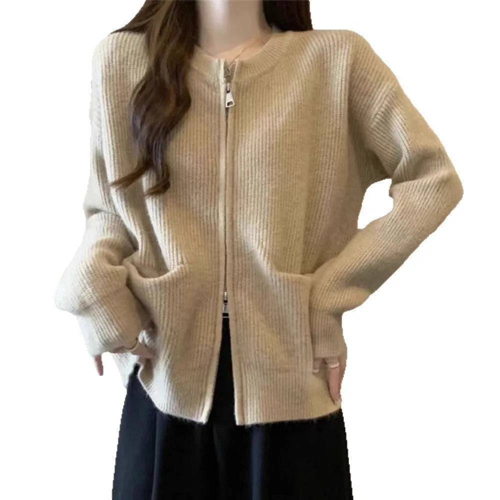 A beige soft glutinous sweater coat cardigan with long sleeves, shown buttoned.