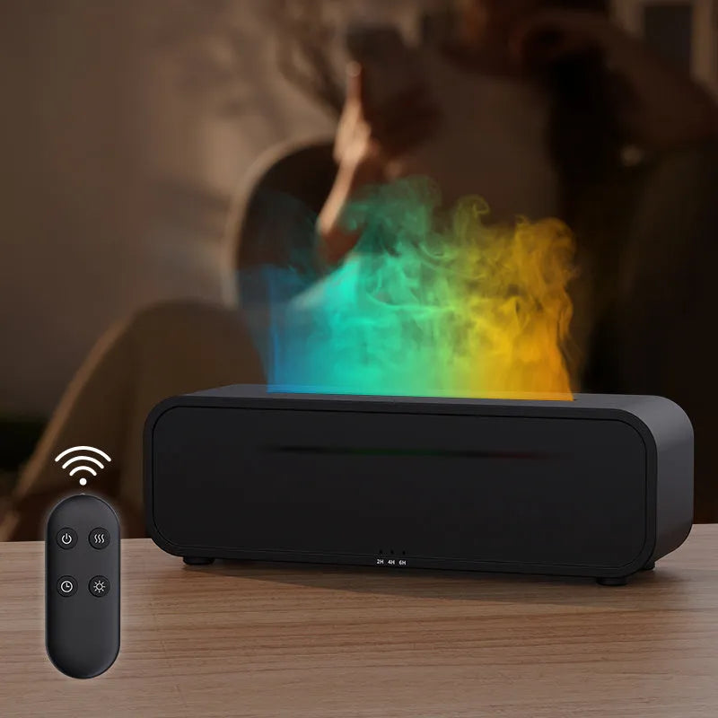 Black aroma diffuser with glowing orange flame effect and colour-changing LED base on a wooden table