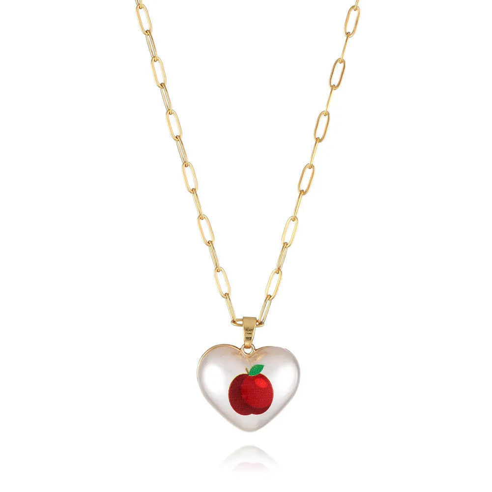 Fruit pendant heart necklace with strawberry apple pear pineapple cherry designs and adjustable chain
