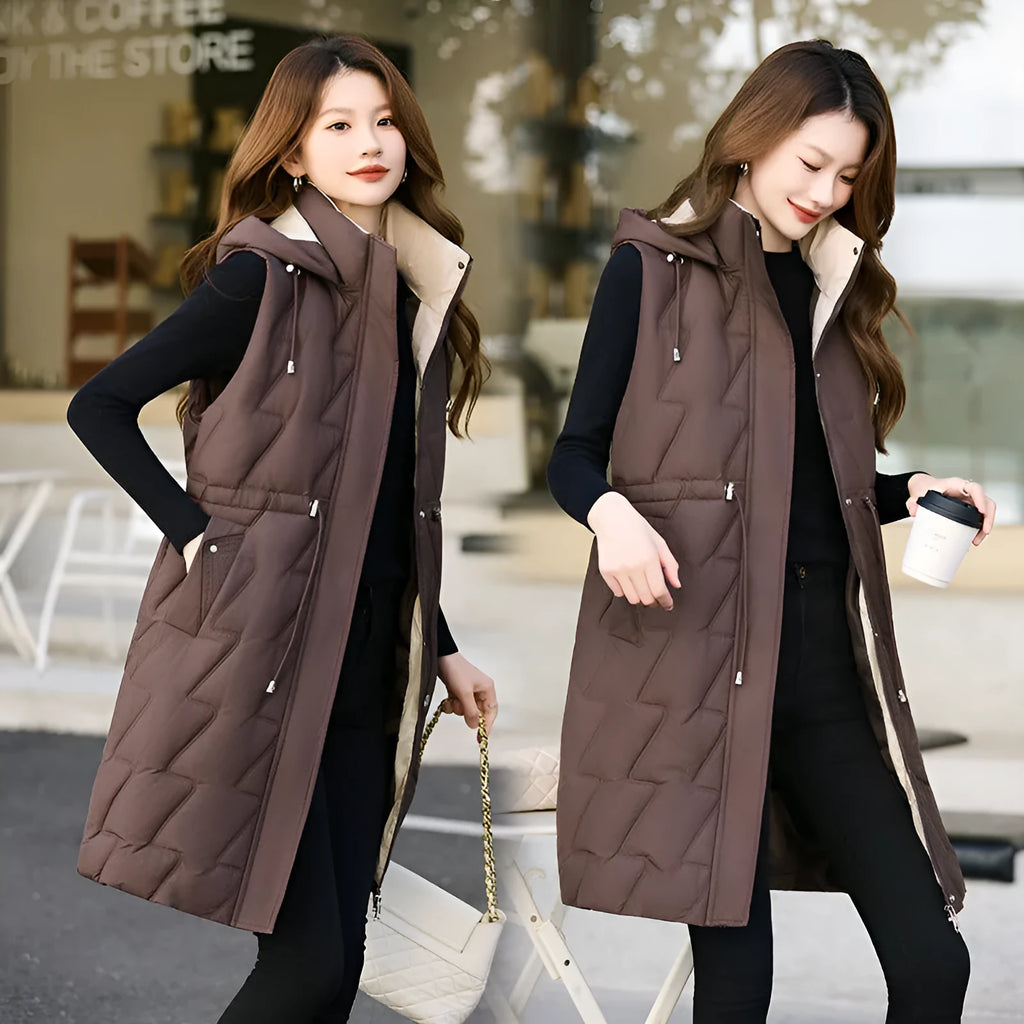 Women's loose fit down vest in solid colour with polyester padding, available in black, beige, coffee, khaki, sizes M to XXL