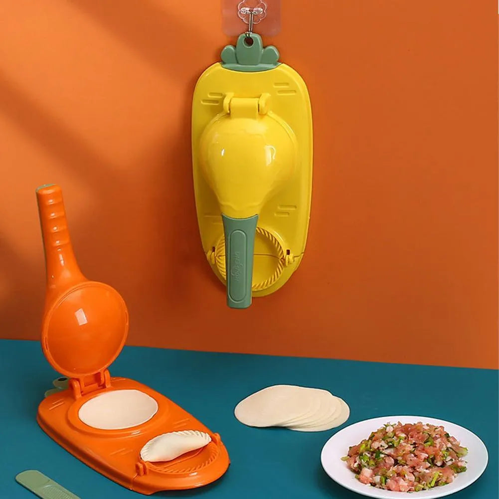 2-in-1 plastic dumpling dough press maker in orange and white, with ergonomic handle and hanging hole for storage