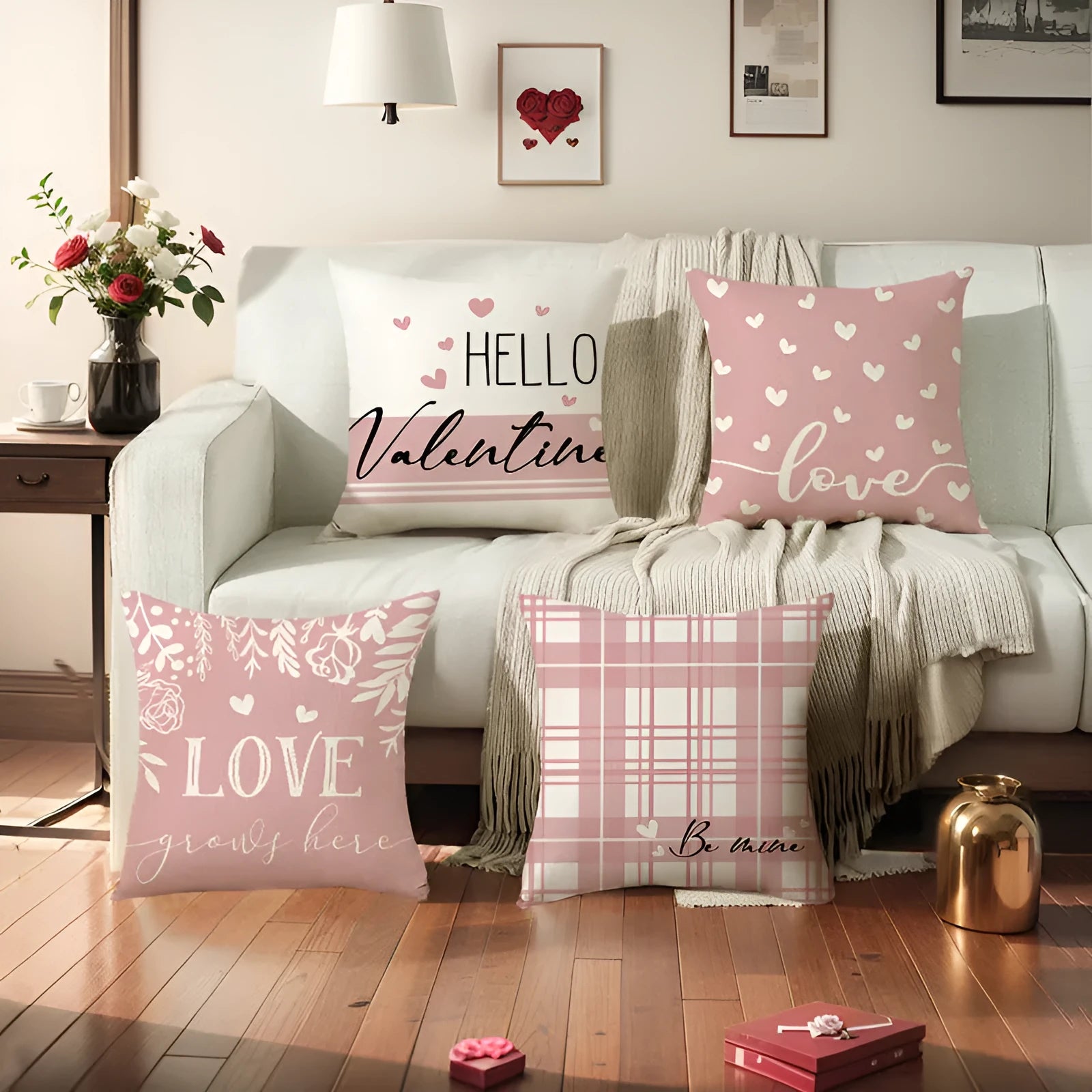 Square red and plaid heart print pillow cover for Valentine's Day, 45x45cm.