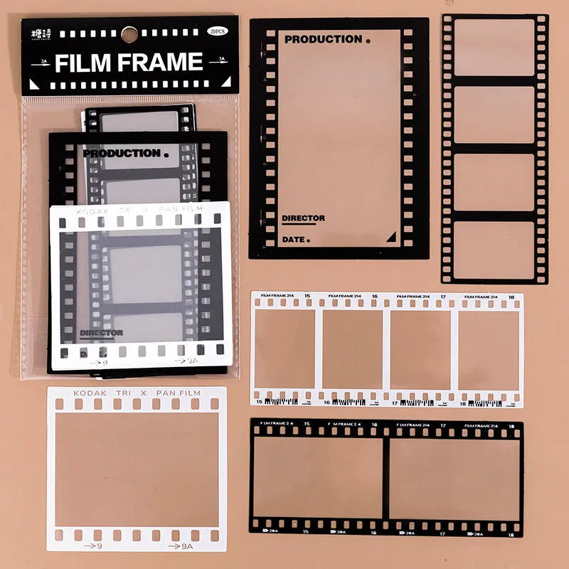 Frame Series retro journal stickers pack showing photography, film, magazine, music, and social frame designs on transparent PET paper