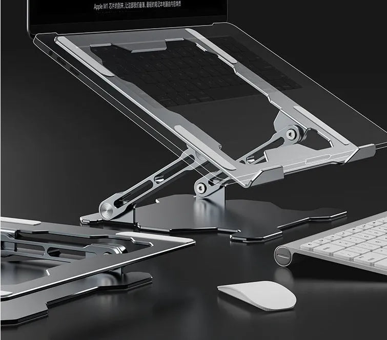 Aluminum adjustable and foldable laptop stand in grey on a desk.