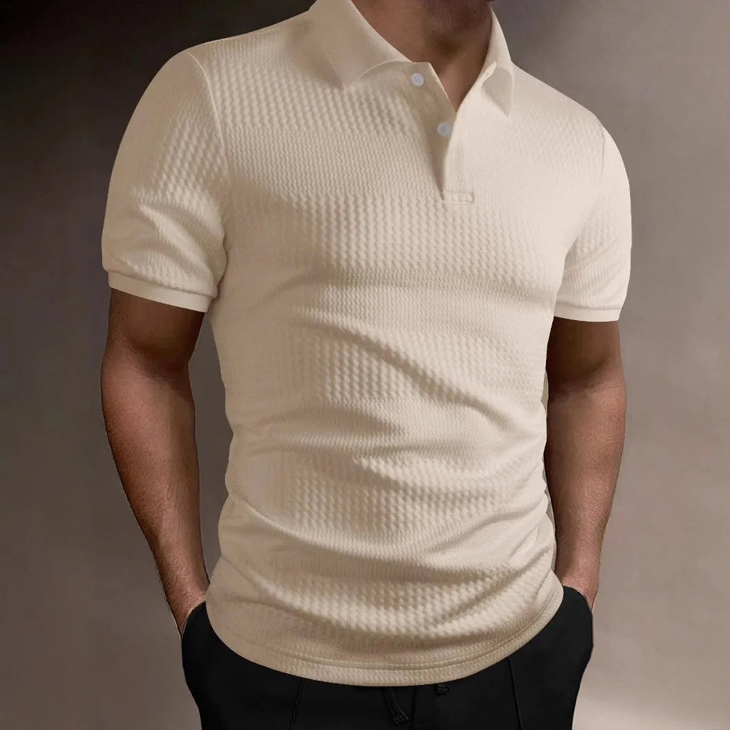 Men's striped polo shirt in khaki, loose fit short sleeve, asymmetric detail, polyester blend