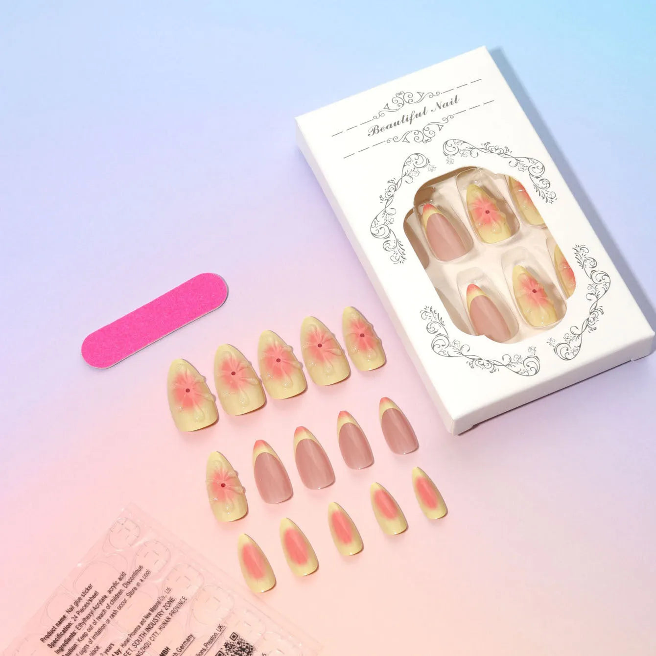 False nails with 3D cartoon flower pattern and detachable plastic armour pieces