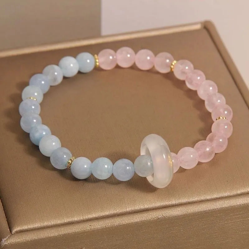 Women's aquamarine crystal bracelet with round natural pink crystal beads, light luxury style, handmade jewellery