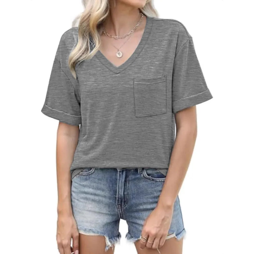 Grey loose fit men's V-neck T-shirt with chest pocket on short sleeves