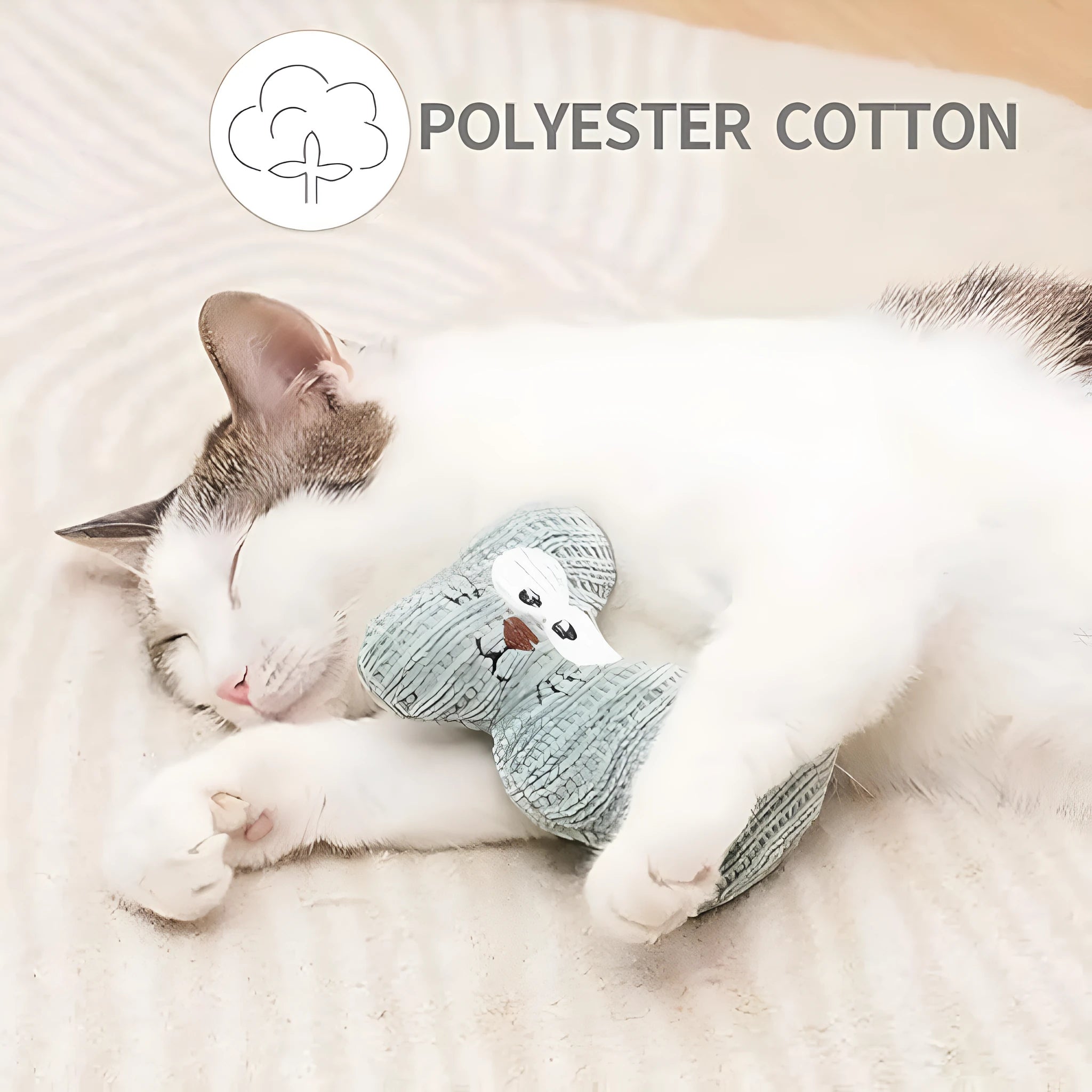 Cyan knitted plush catnip toy with bell, sized 12 by 11 centimetres.