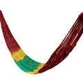 Nylon rope mesh hammock shown outdoors with dimensions 1.1m wide by 2.1m long