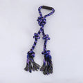 Blue and yellow heavy-duty cotton rope dog toy with ergonomic handle for tug-of-war