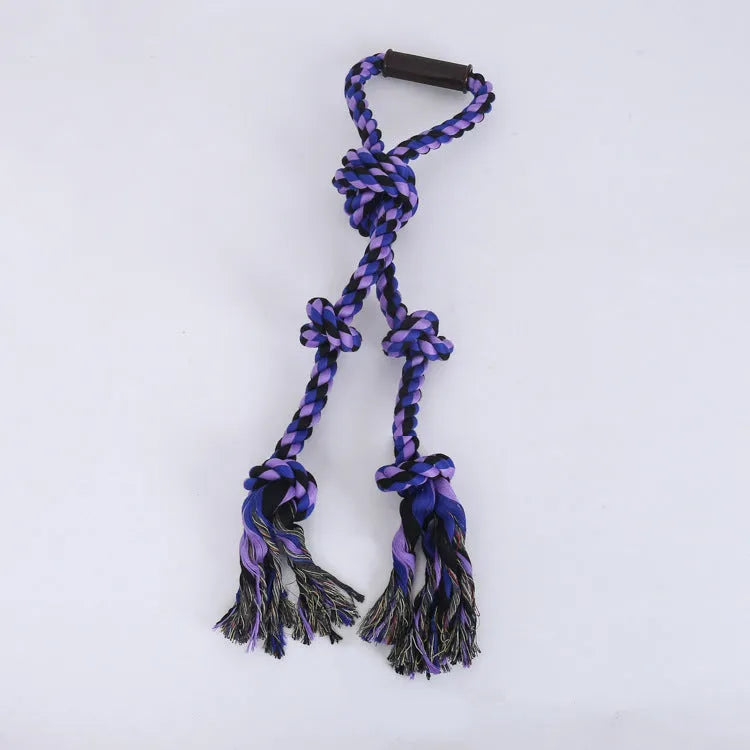 Blue and yellow heavy-duty cotton rope dog toy with ergonomic handle for tug-of-war