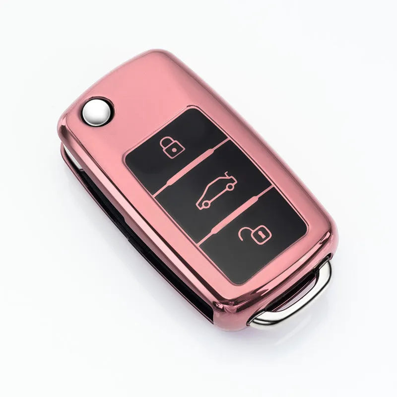 VW Model A folding car key case in TPU material with buckle closure in silver, blue, pink, and red colours
