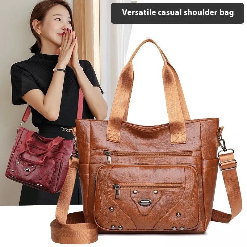 Large capacity soft leather washed shoulder bag in brown, black, red - PU material horizontal square shape for commute and leisure