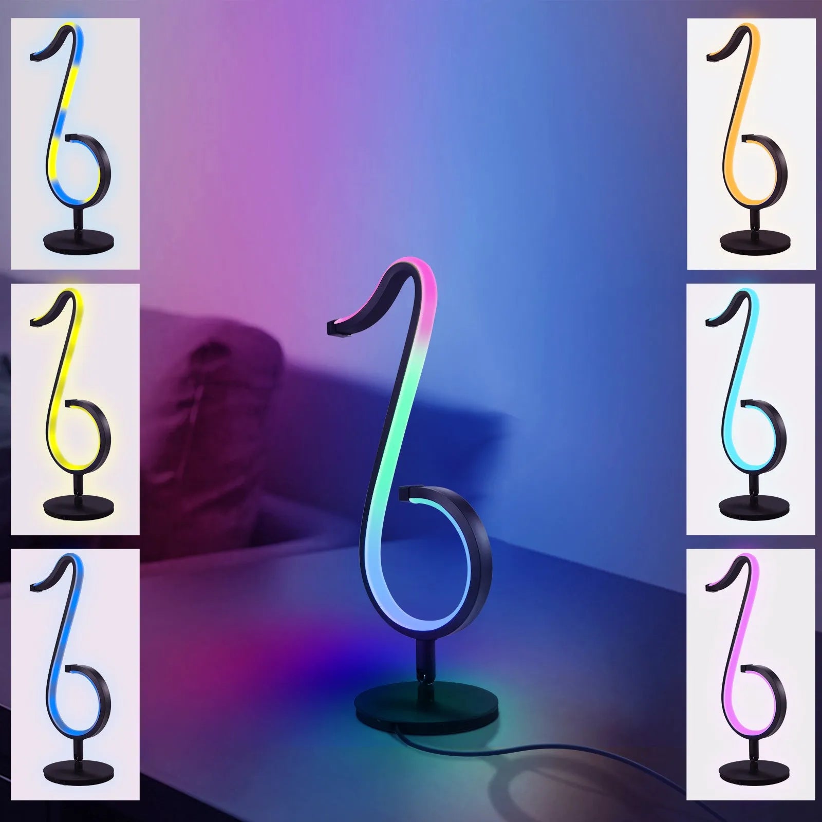 Black intelligent APP remote control LED atmosphere night light with 180 degree rotating chassis on a desk